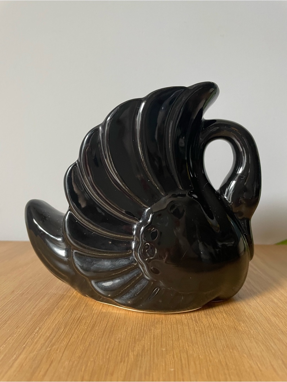 Vintage MCM Black Ceramic Swan Planter Vase Japan